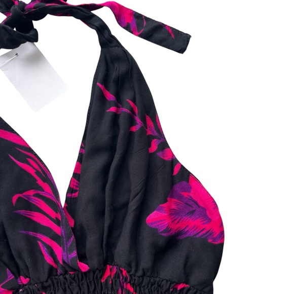 Tropical Women’s OS Pink, Purple Black Hibiscus Floral Halter Handkerchief Dress - Picture 5 of 16